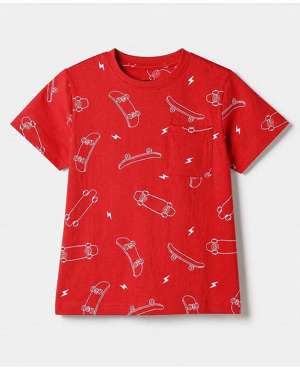 Pine Kids 100% Cotton Knit Half Sleeves Co-Ords T-Shirt & Shorts With Skate Board Print & Bio Finish - Red
