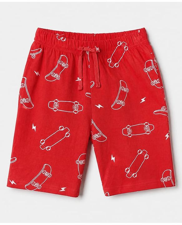 Pine Kids 100% Cotton Knit Half Sleeves Co-Ords T-Shirt & Shorts With Skate Board Print & Bio Finish - Red