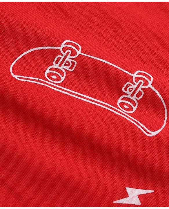 Pine Kids 100% Cotton Knit Half Sleeves Co-Ords T-Shirt & Shorts With Skate Board Print & Bio Finish - Red