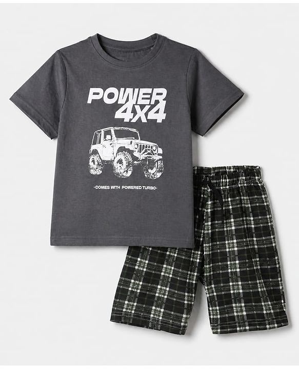 Pine Kids 100% Cotton Knit Half Sleeves T-Shirt & Shorts With Vehicle Print & Bio Finish - Grey