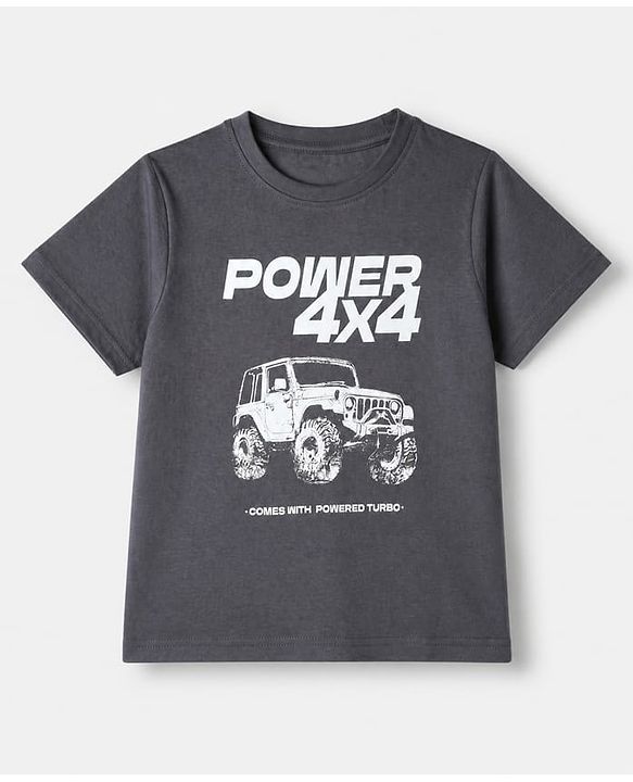 Pine Kids 100% Cotton Knit Half Sleeves T-Shirt & Shorts With Vehicle Print & Bio Finish - Grey