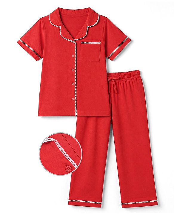 Pine Kids 100% Cotton Knit Half Sleeves Co-Ords Solid Shirt & Pajama Night Suit - Red