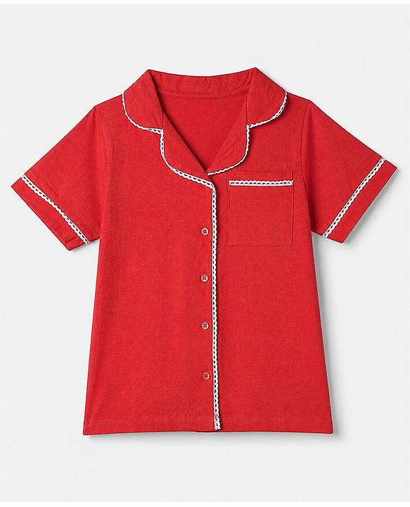 Pine Kids 100% Cotton Knit Half Sleeves Co-Ords Solid Shirt & Pajama Night Suit - Red