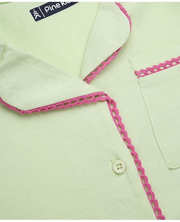 Pink Kids 100% Cotton Knit Full Sleeves Co-Ord Solid Shirt & Pajama Night Suit-Green