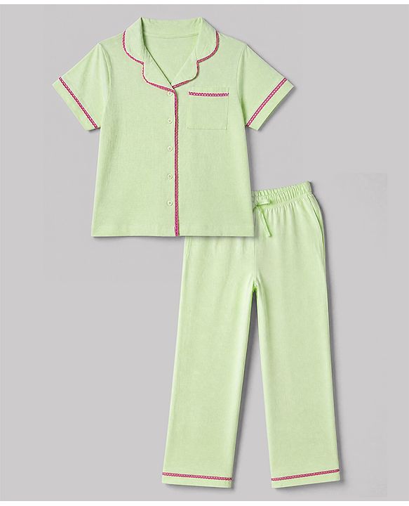 Pink Kids 100% Cotton Knit Full Sleeves Co-Ord Solid Shirt & Pajama Night Suit-Green