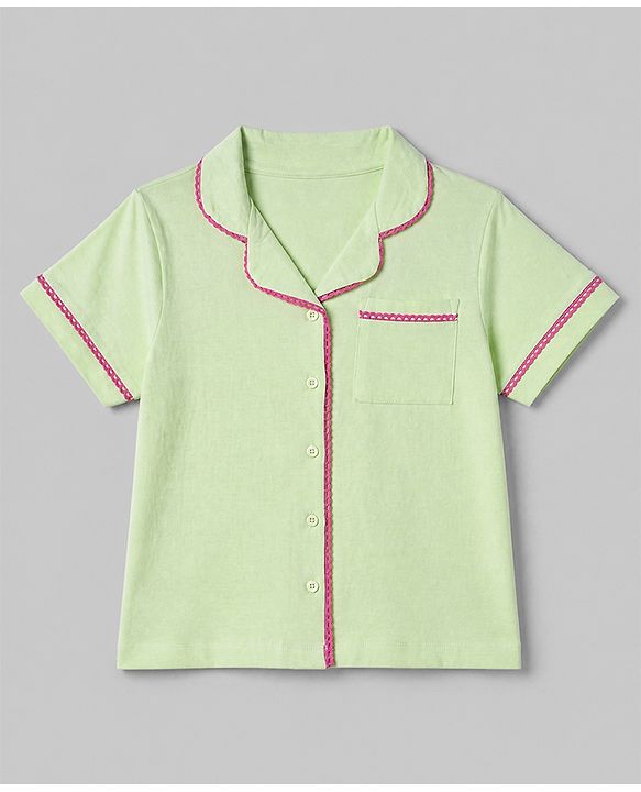 Pink Kids 100% Cotton Knit Full Sleeves Co-Ord Solid Shirt & Pajama Night Suit-Green