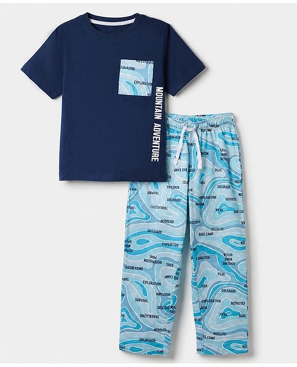 Pine Kids 100% Cotton Knit Half Sleeves T-Shirt & Pyjama Night Suit With Mountain Adventure Text Print & Bio Finish - Navy Blue