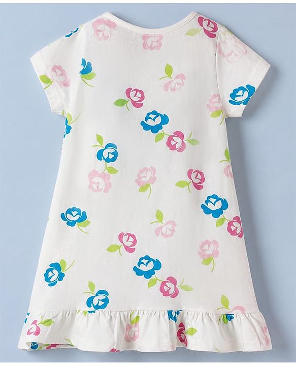 Pine Kids 100% Cotton Knit Half Sleeves Nighty With Floral Print & Bio Finish - White