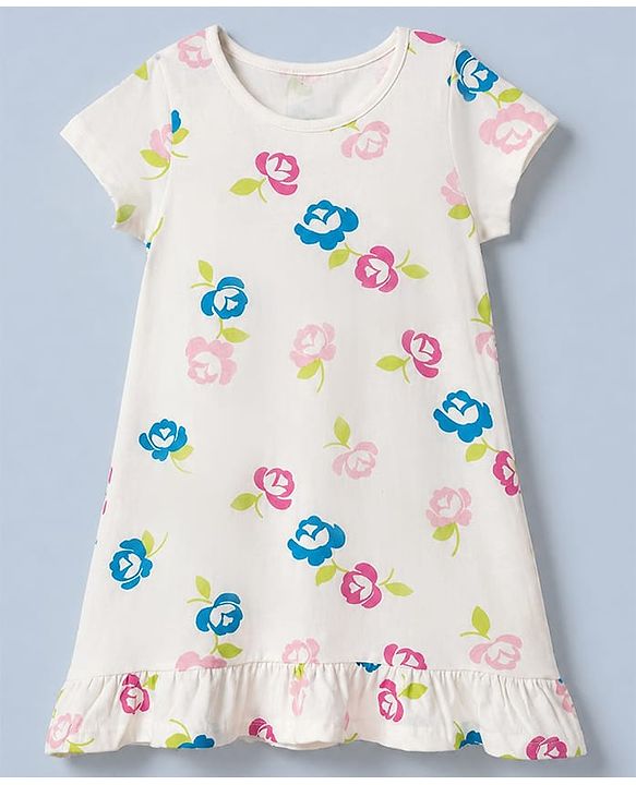Pine Kids 100% Cotton Knit Half Sleeves Nighty With Floral Print & Bio Finish - White