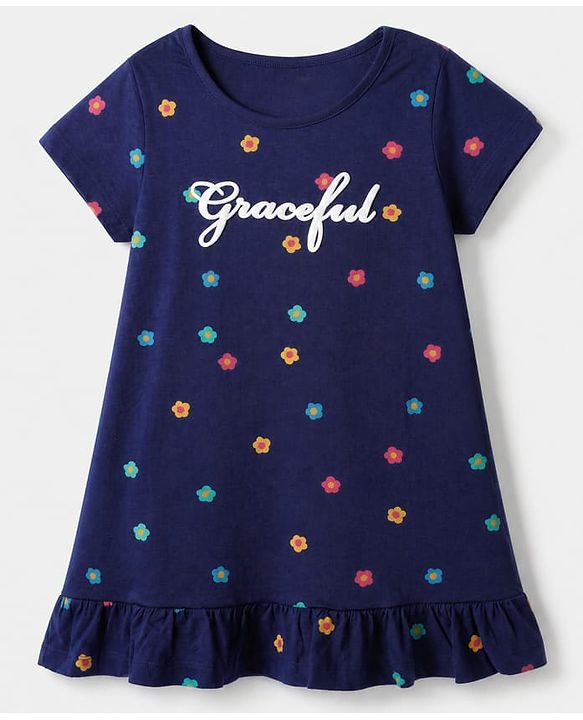 Pine Kids 100% Cotton Knit Half Sleeves Nighty With Floral Print - Blue