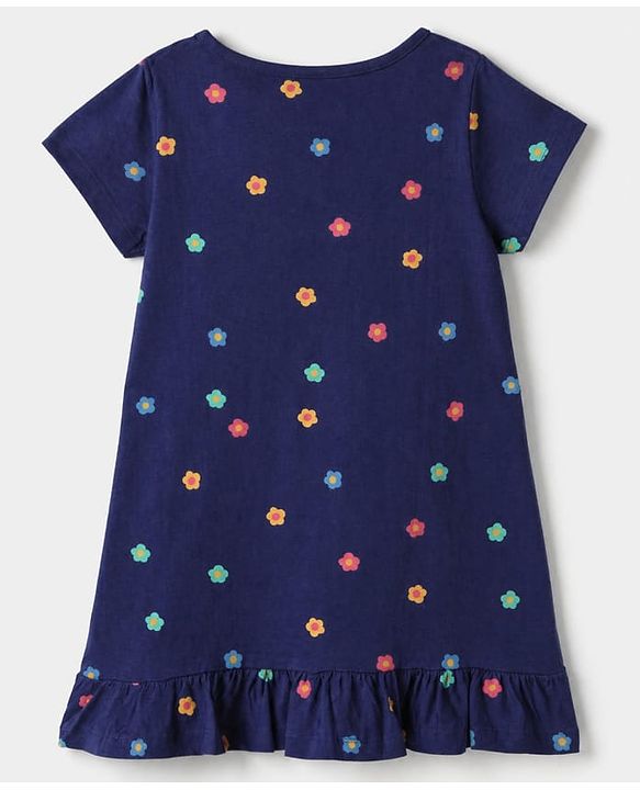 Pine Kids 100% Cotton Knit Half Sleeves Nighty With Floral Print - Blue