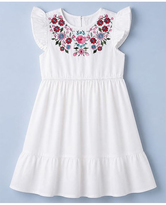 Pine Kids 100% Cotton Woven Fit and Flare Frock with Half, Frill Sleeves and Floral Embroidery in White
