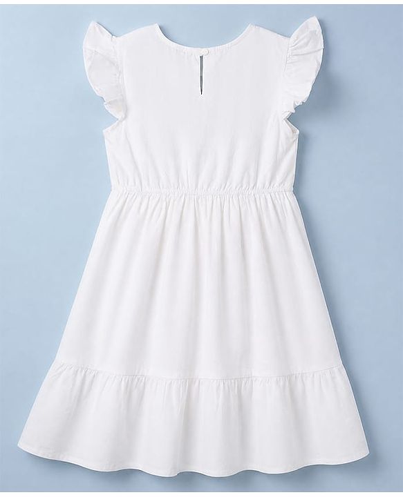 Pine Kids 100% Cotton Woven Fit and Flare Frock with Half, Frill Sleeves and Floral Embroidery in White