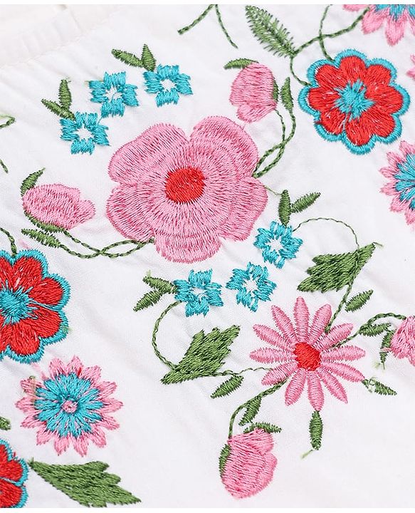 Pine Kids 100% Cotton Woven Fit and Flare Frock with Half, Frill Sleeves and Floral Embroidery in White