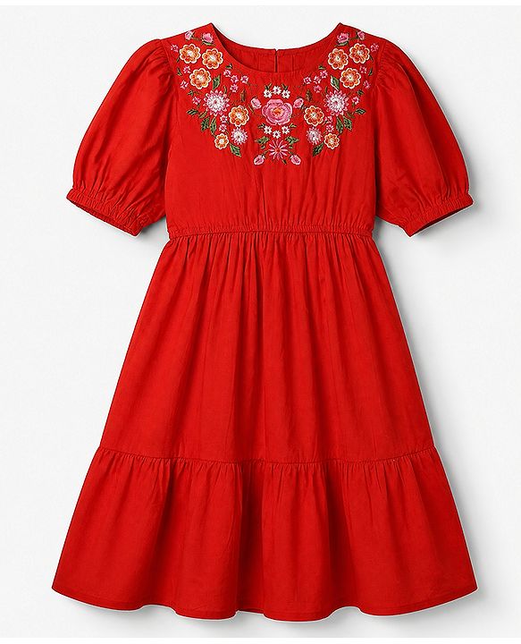 Pine Kids 100% Cotton Woven Fit and Flare Dress with Half Sleeves and Floral Embroidery in Red