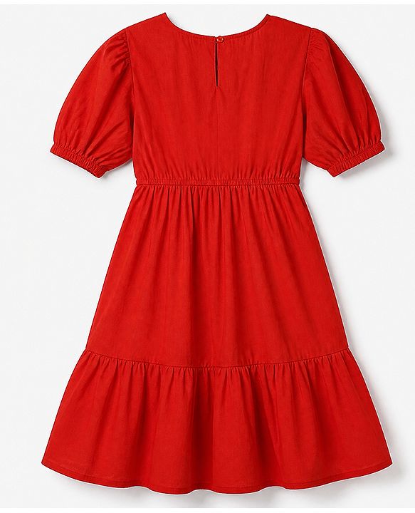 Pine Kids 100% Cotton Woven Fit and Flare Dress with Half Sleeves and Floral Embroidery in Red
