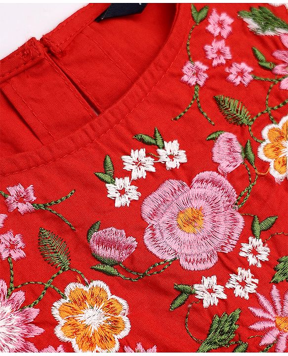 Pine Kids 100% Cotton Woven Fit and Flare Dress with Half Sleeves and Floral Embroidery in Red