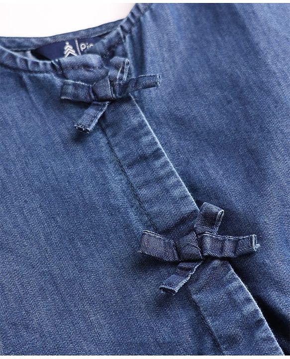 Pine Kids Cotton Blend Denim Top with Puffed Half Sleeves, & Bow Applique - Navy Blue