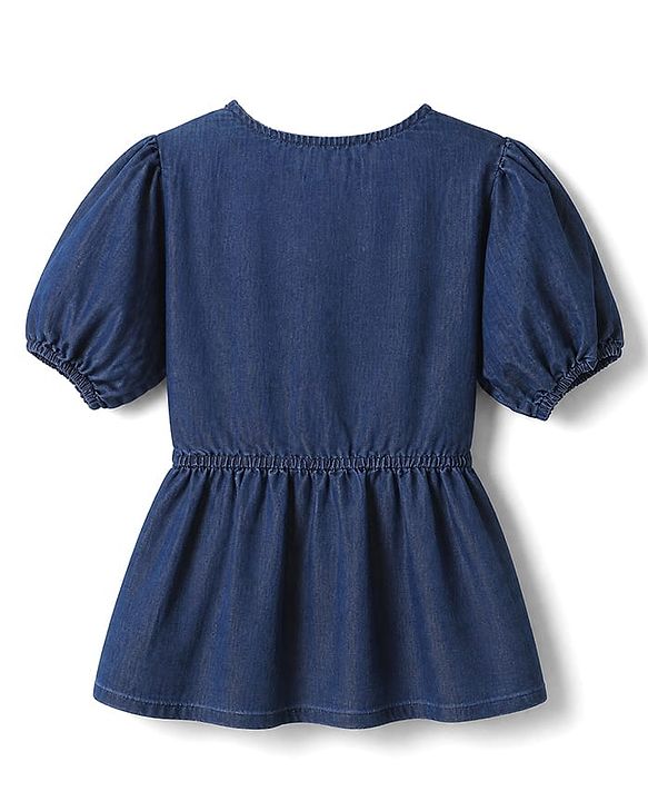 Pine Kids Cotton Blend Denim Top with Puffed Half Sleeves, & Bow Applique - Navy Blue