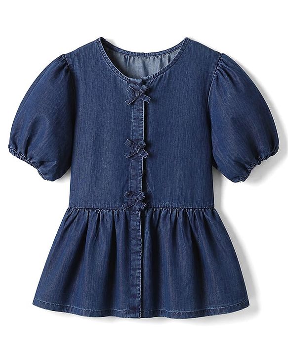 Pine Kids Cotton Blend Denim Top with Puffed Half Sleeves, & Bow Applique - Navy Blue