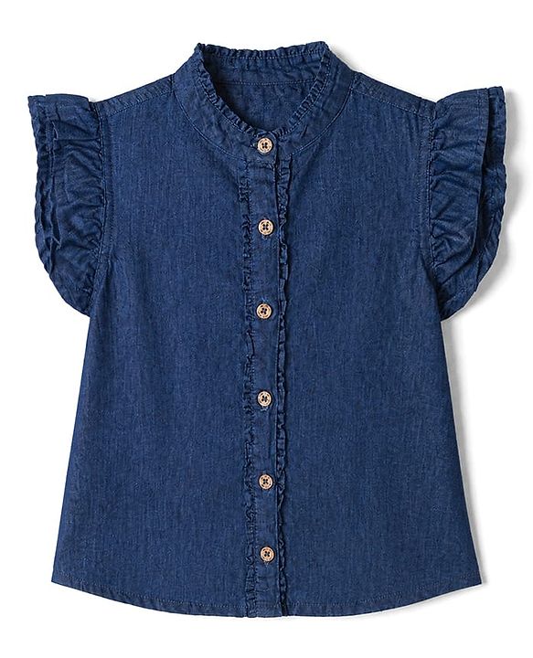Pine Kids Cotton Blend Woven Denim Top with Half Sleeves -Navy Blue