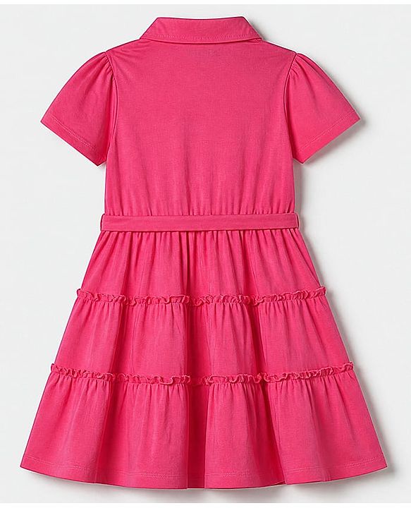 Pine Kids 100% Cotton Knit Half Sleeves Solid Tiered Dress in Pink