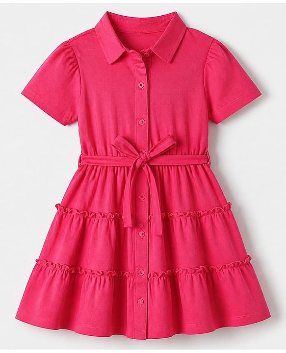 Pine Kids 100% Cotton Knit Half Sleeves Solid Tiered Dress in Pink