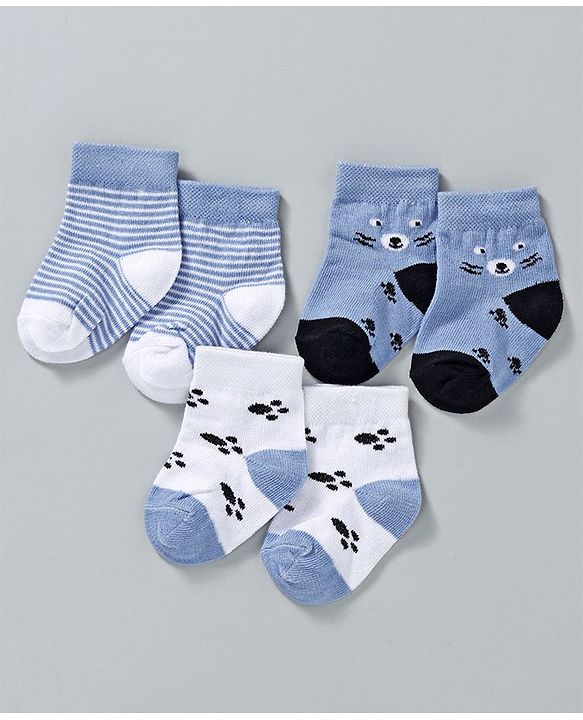 Cute Walk by Babyhug Ankle Length Non Terry Anti-Bacterial Socks Stripes & Paw Print Set of 3 Pairs - Blue