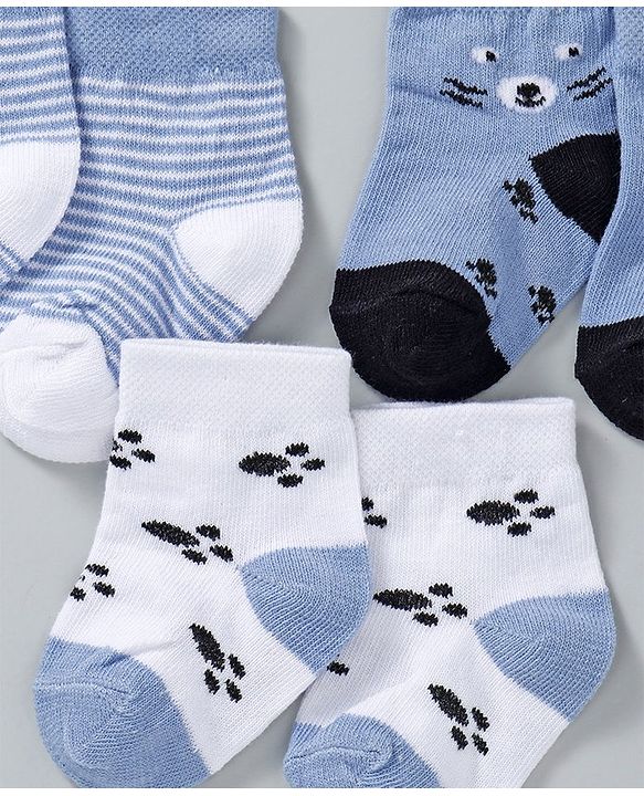 Cute Walk by Babyhug Ankle Length Non Terry Anti-Bacterial Socks Stripes & Paw Print Set of 3 Pairs - Blue