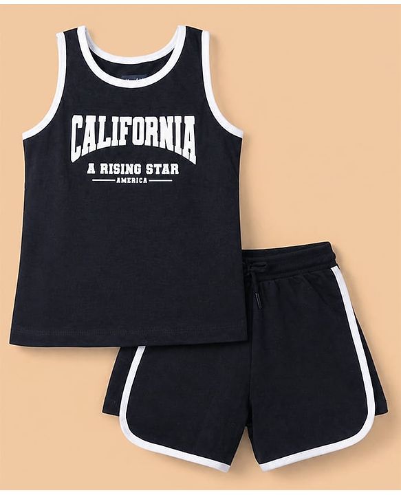 Pine Kids Cotton Single Jersey Knit Shorts and Tank Top with California Typography Print in Black