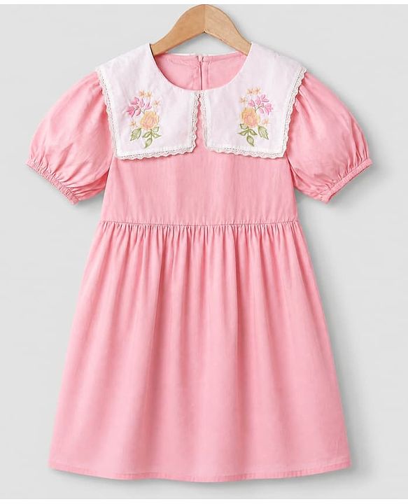 Pine Kids 100% Cotton Woven Dress with Half Puffed Sleeves and Floral Embroidery in Pink