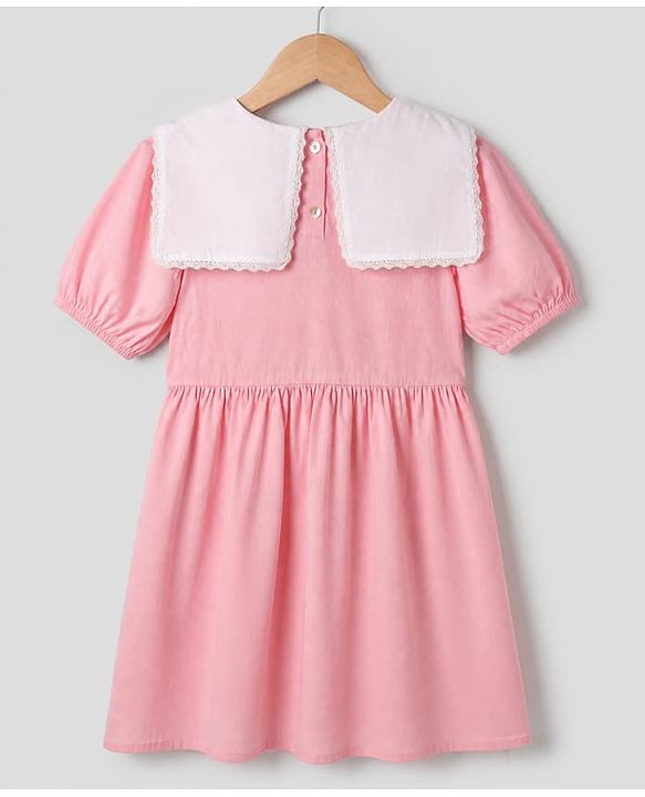 Pine Kids 100% Cotton Woven Dress with Half Puffed Sleeves and Floral Embroidery in Pink