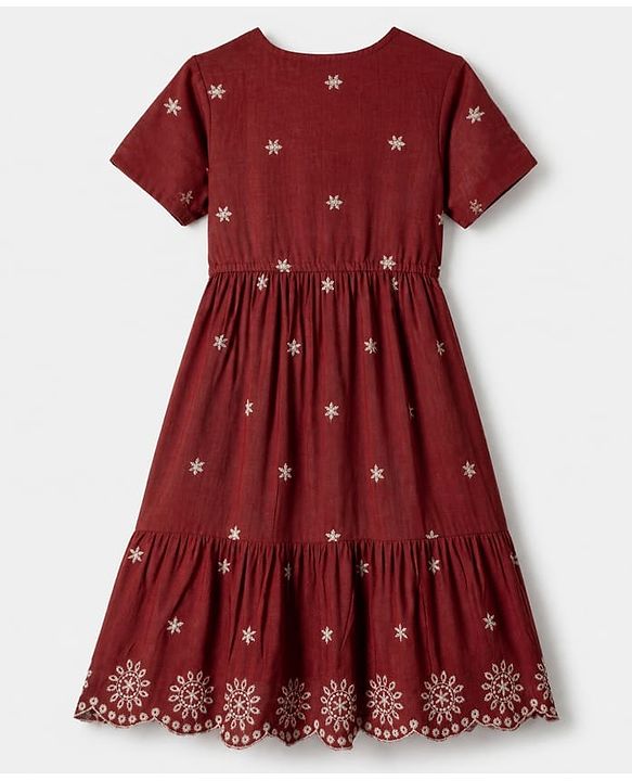 Pine Kids Cambric Woven Fit and Flare Dress with Half Sleeves and Star Embroidery in Rust Orange