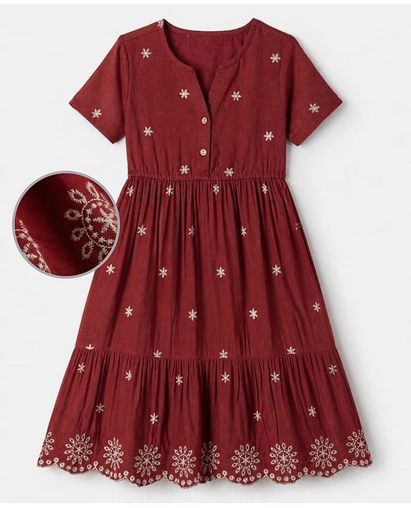 Pine Kids Cambric Woven Fit and Flare Dress with Half Sleeves and Star Embroidery in Rust Orange