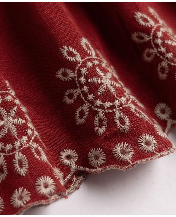 Pine Kids Cambric Woven Fit and Flare Dress with Half Sleeves and Star Embroidery in Rust Orange