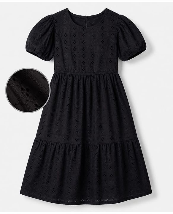 Pine Kids 100% Cotton Woven Frock with Half Puffed Sleeves and Eyelet Pattern Embroidery in Black