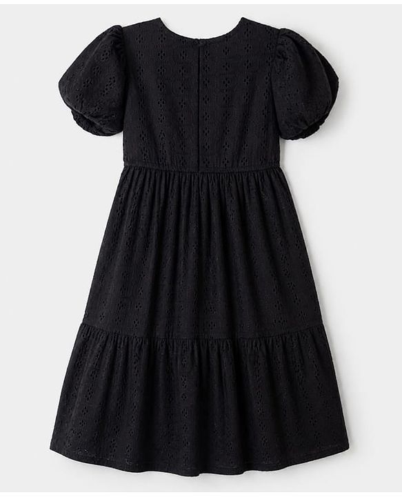 Pine Kids 100% Cotton Woven Frock with Half Puffed Sleeves and Eyelet Pattern Embroidery in Black