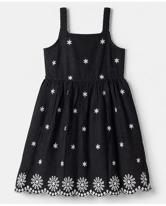 Pine Kids 100% Cambric Woven Fit and Flare Frock with Sleeveless and Flower Embroidery in Black