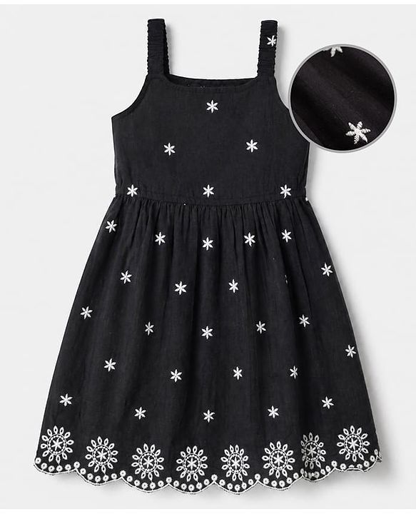Pine Kids 100% Cambric Woven Fit and Flare Frock with Sleeveless and Flower Embroidery in Black