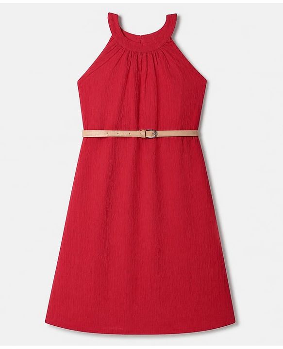 Pine Kids Woven Solid Dress and Belt with Sleeveless in Red