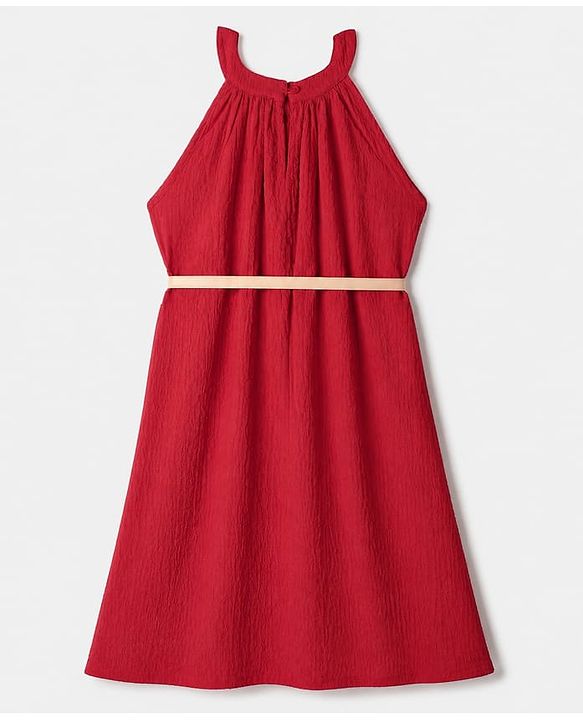 Pine Kids Woven Solid Dress and Belt with Sleeveless in Red