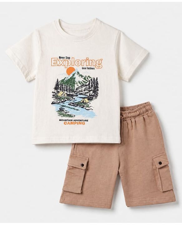 Pine Kids 100% Cotton Knit Half Sleeves T-Shirt and Shorts with Landscape Rules Print & Bio Washed in White