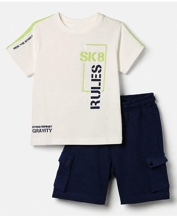 Pine Kids 100% Cotton Knit Half Sleeves T-Shirt and Shorts with Sk8 Rules Print & Bio Washed in White
