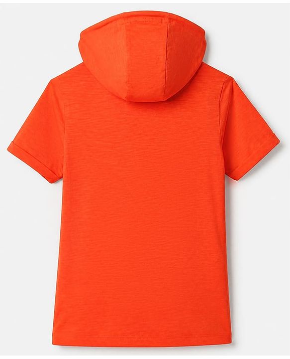 Pine Kids 100% Cotton Knit Half Sleeves Solid T-Shirts with Hooded and Kangaroo Pockets in Orange