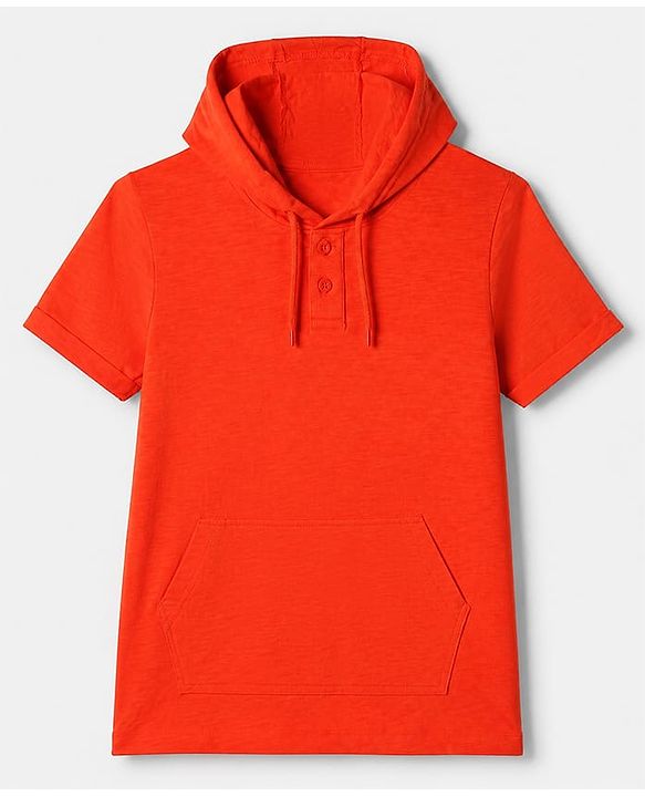 Pine Kids 100% Cotton Knit Half Sleeves Solid T-Shirts with Hooded and Kangaroo Pockets in Orange