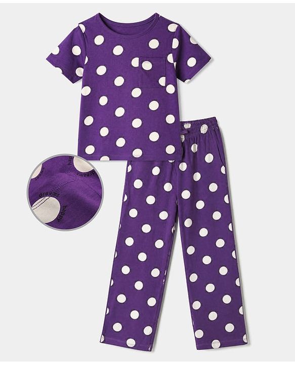 Pine Kids 100% Cotton Knit T-Shirt & Pyjama Co-ords Night Suit With Polka Dot Print in Purple