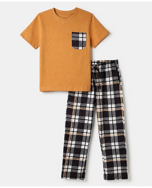 Pine Kids 100% Cotton Knit Full Sleeve Co-Ords T-Shirt & Pyjama Set With Checks -Yellow