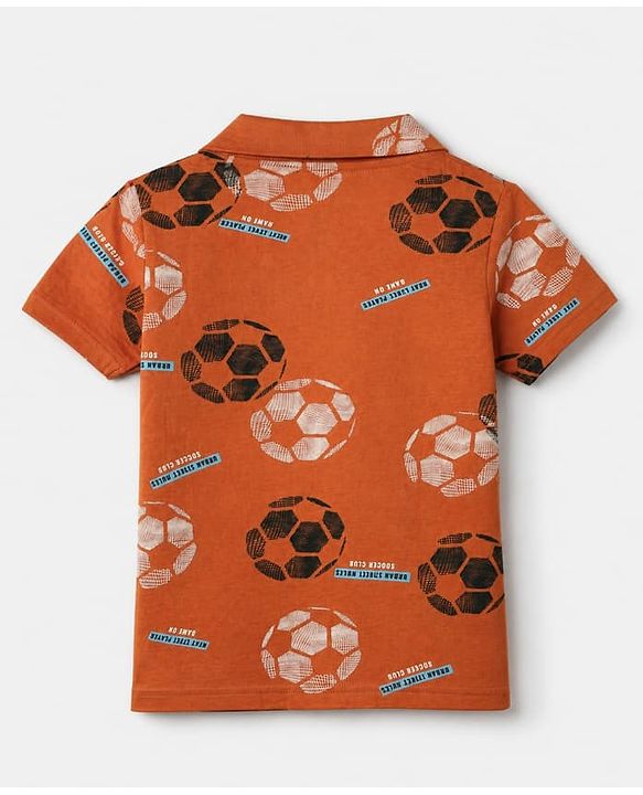 Pine Kids 100% Cotton Knit Front Open Full Sleeve Shirt & Pyjama Night Suit With Football Print - Orange