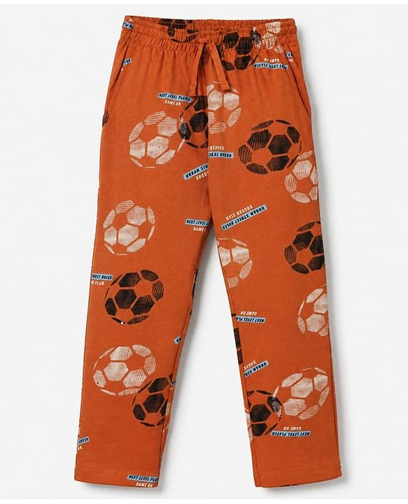 Pine Kids 100% Cotton Knit Front Open Full Sleeve Shirt & Pyjama Night Suit With Football Print - Orange