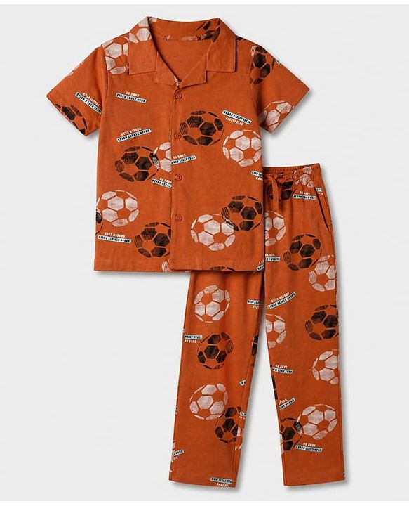 Pine Kids 100% Cotton Knit Front Open Full Sleeve Shirt & Pyjama Night Suit With Football Print - Orange